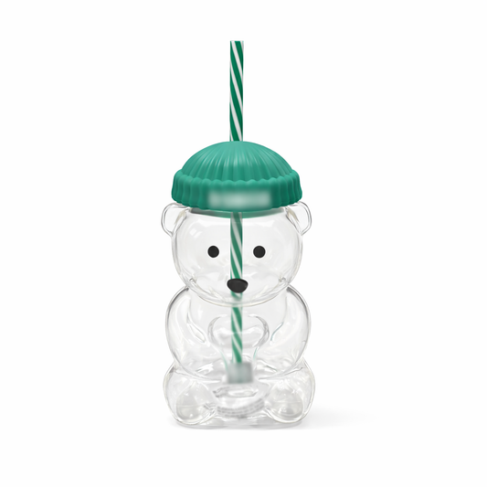 Clear Bear-Shaped Glass Tumbler with Straw and Lid